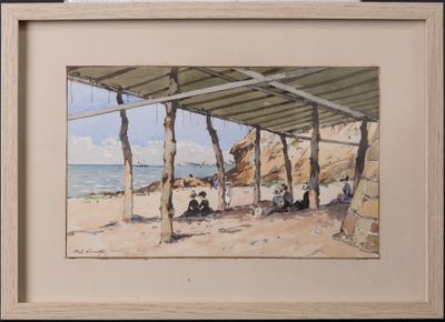 a painting of people sitting under a shelter on the beach