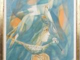 an image of a painting of two birds flying in the sky