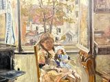 un tableau représentant une femme assise sur une chaise devant une fenêtre