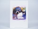 a painting of a white swan floating on top of a body of water