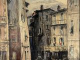an image of a painting of a street scene with a horse drawn carriage