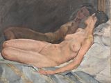 an image of a painting of a naked woman laying on a bed