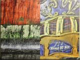 a picture of a painting of a train on the tracks