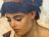 an oil painting of a woman with a hat on her head