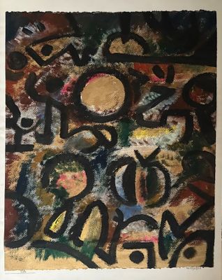 an abstract painting with black and yellow colors on a white background