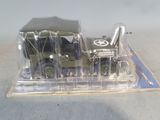 a toy army truck in a clear plastic container