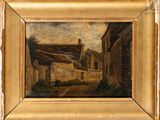 an old painting of a building with a red roof and a brown roof