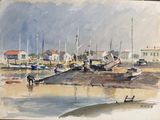a watercolor painting of a harbor scene with boats on the shore