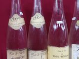 six bouteilles de vin sont alignées sur un fond rouge