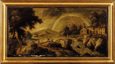 une image représentant un tableau représentant un paysage avec un arc-en-ciel dans le ciel