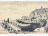 croquis de bateaux sur le rivage d'une plage, avec un bateau au premier plan