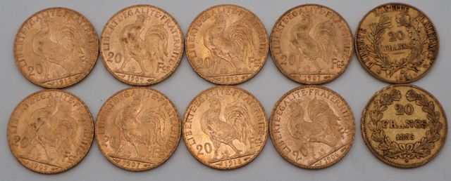 Dix pièces de monnaie en or à valeur faciale de vingt francs (dif...
