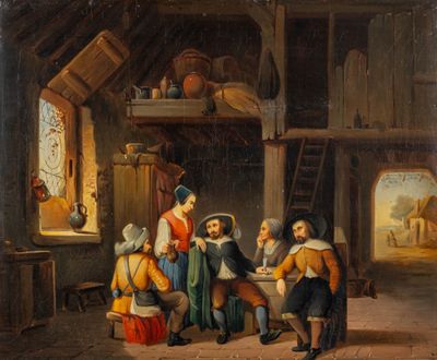 Scène de taverne figurative, huile sur toile, 19e siècle.