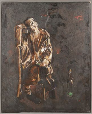 une peinture à l'huile représentant un homme assis sur une chaise en train de fumer une cigarette