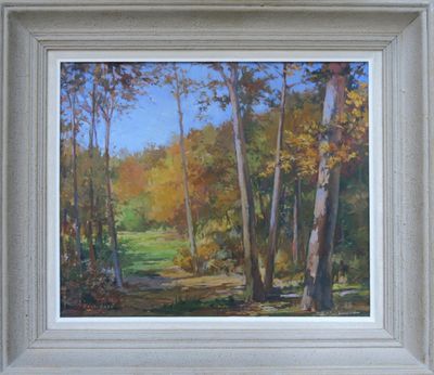 peinture à l'huile d'une scène de forêt avec un chemin au premier plan
