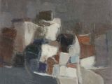 painting of a painting of a person on a motorcycle with boxes on the back of it