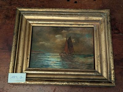 Huile sur plaque de cuivre, Paysage au bateau - Dim.