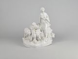 a white statue of a woman with a dog and sheep
