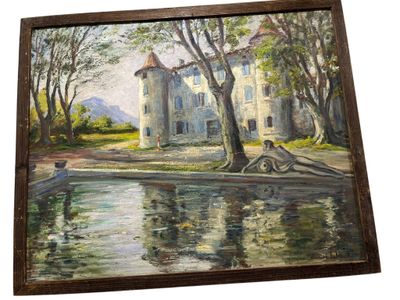 une peinture représentant une maison au bord de l'eau avec un vélo
