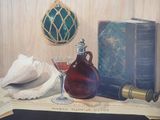 une peinture représentant une bouteille de vin et un verre posés sur une table
