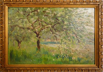 an oil painting of an apple tree in a field with a river in the background