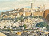 a painting of a castle on top of a hill