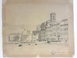 dessin représentant une vue d'un grand bâtiment doté d'une tour horloge
