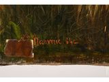 an oil painting of a river scene with a boat in the water