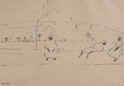 drawing of a group of people walking down a street next to a building