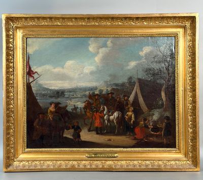 an oil painting of a group of people on horseback in a landscape