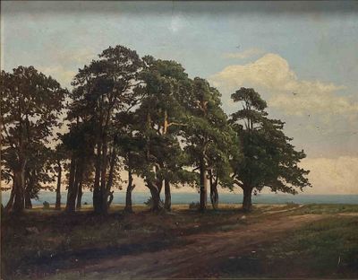 une photo d'un tableau représentant des arbres sur une colline