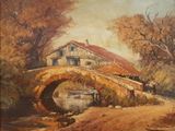 painting of a painting of a house and a bridge in a wooded area
