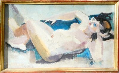 a painting of a woman laying down on a bed