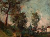 an image of a painting of a small stream running through a field