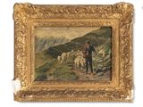 une image représentant un tableau où l'on voit un homme avec un troupeau de moutons dans un paysage montagneux