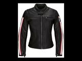 a close up of a black leather jacket with red and white stripes