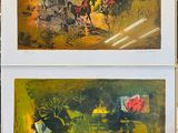 deux tableaux représentant des chevaux et des cavaliers sont exposés dans un cadre