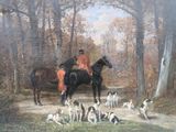 a painting of a man on a horse with a bunch of dogs