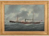 une peinture à l'huile représentant un navire en mer, avec un drapeau hissé sur son mât