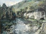 une peinture à l'huile représentant une rivière qui traverse une colline verdoyante