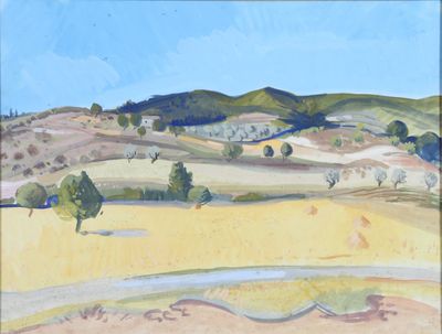 painting of a landscape with hills, trees, and a stream