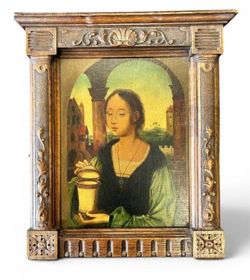 painting of a woman holding a cup of coffee in a wooden frame