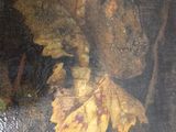 a picture of a painting of a leaf in the water