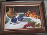 a picture of a painting of plums and a vase on a table