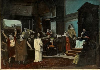 tableau représentant un groupe de personnes debout autour d'un homme tenant une épée