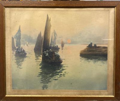 a picture of a painting of boats in the water