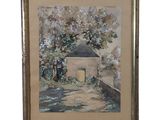 une peinture à l'huile d'une maison dans une zone boisée avec des arbres