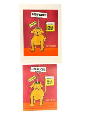 two posters of a dog holding a sign that says les puces and the dog is holding a sign that says les puces