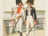 two men in uniforms standing next to each other near a body of water