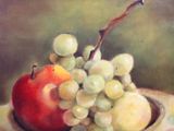 a painting of a bowl of grapes and an apple on a table